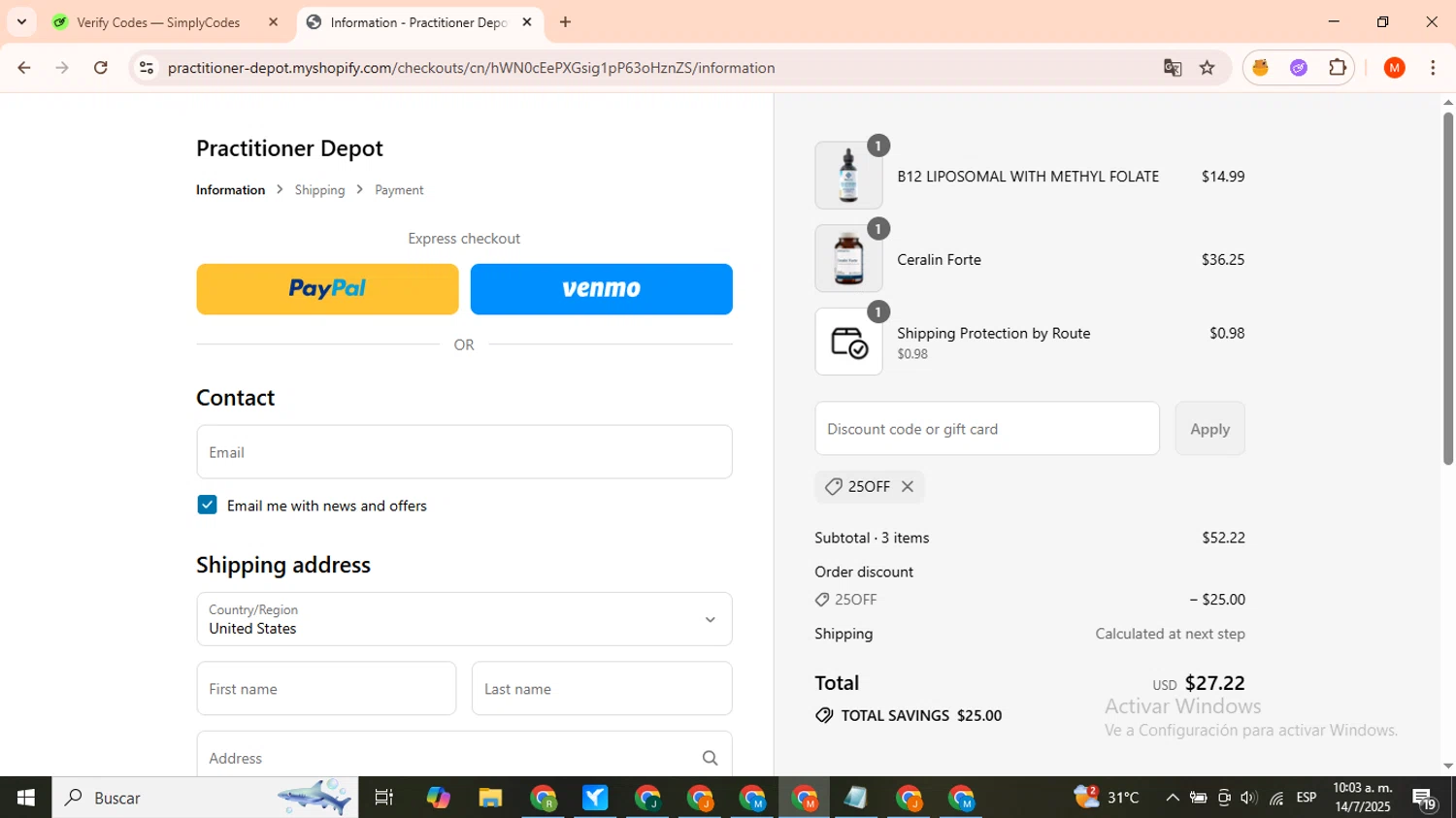Practitioner Depot promo code screenshot showing code 25OFF applied at Practitioner Depot checkout page. Uploaded by SimplyCodes community member FortunateSleuth9566 on Jul 14, 2025