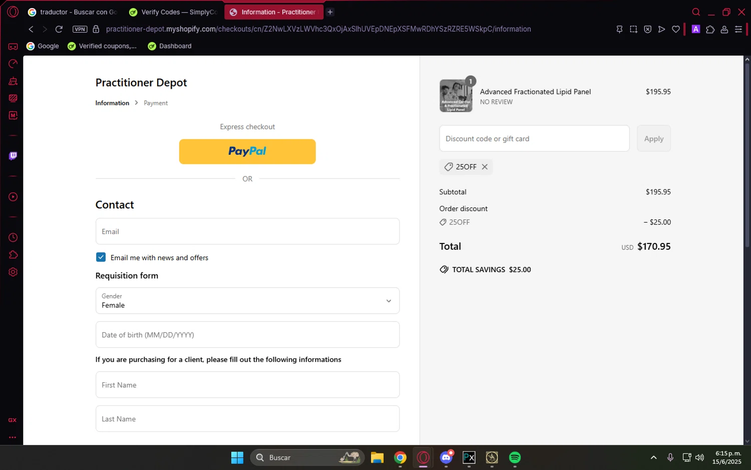 Practitioner Depot promo code screenshot showing code 25OFF applied at Practitioner Depot checkout page. Uploaded by SimplyCodes community member LuckyVoyager5522 on Jun 15, 2025