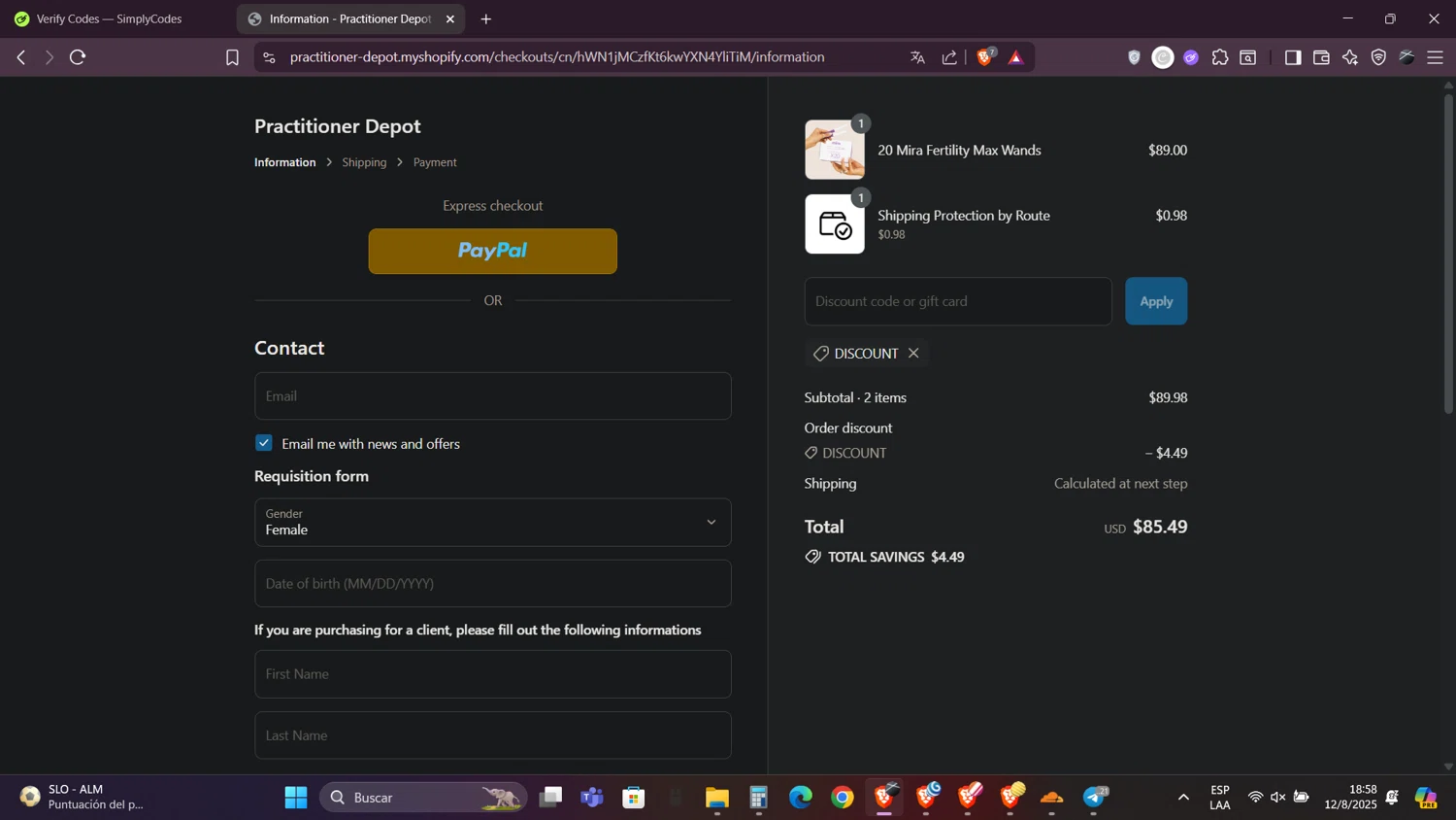 Practitioner Depot promo code screenshot showing code DISCOUNT applied at Practitioner Depot checkout page. Uploaded by SimplyCodes community member Caraxes on Aug 12, 2025