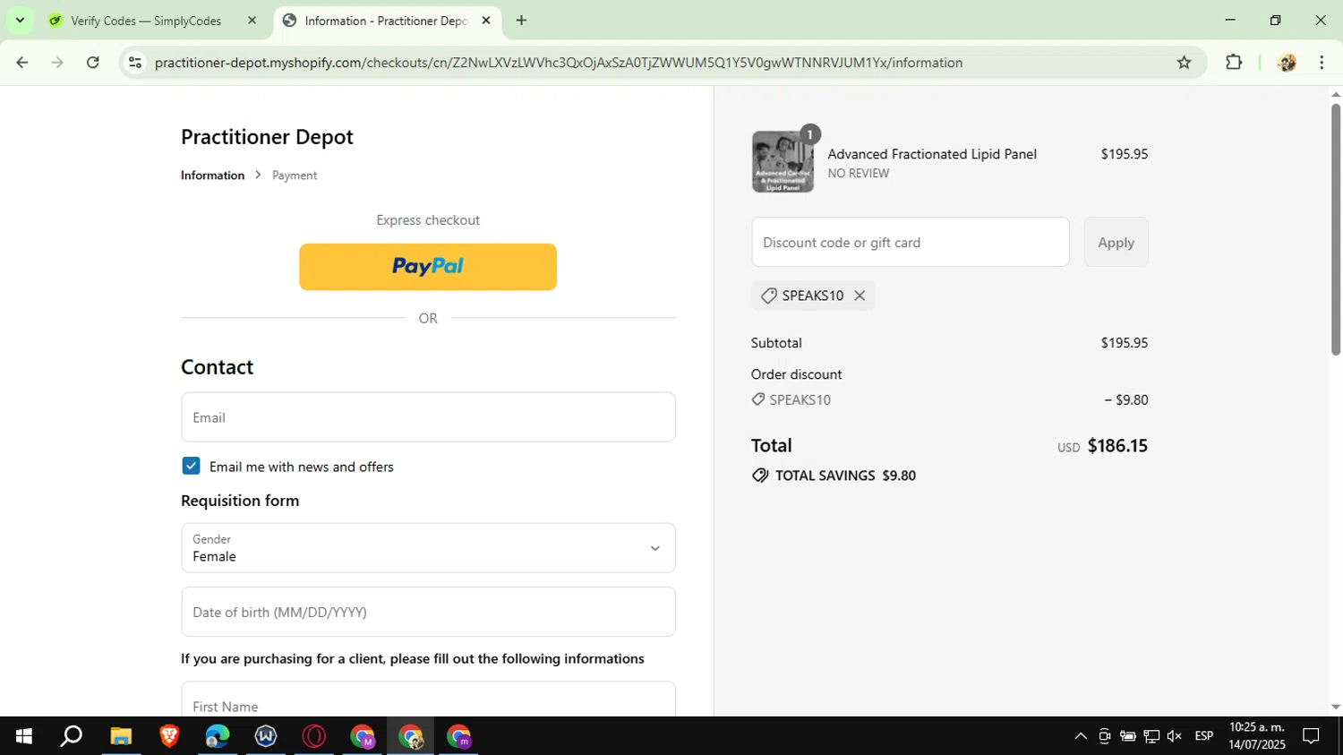 Practitioner Depot promo code screenshot showing code SPEAKS10 applied at Practitioner Depot checkout page. Uploaded by SimplyCodes community member CashExpert3657 on Jul 14, 2025