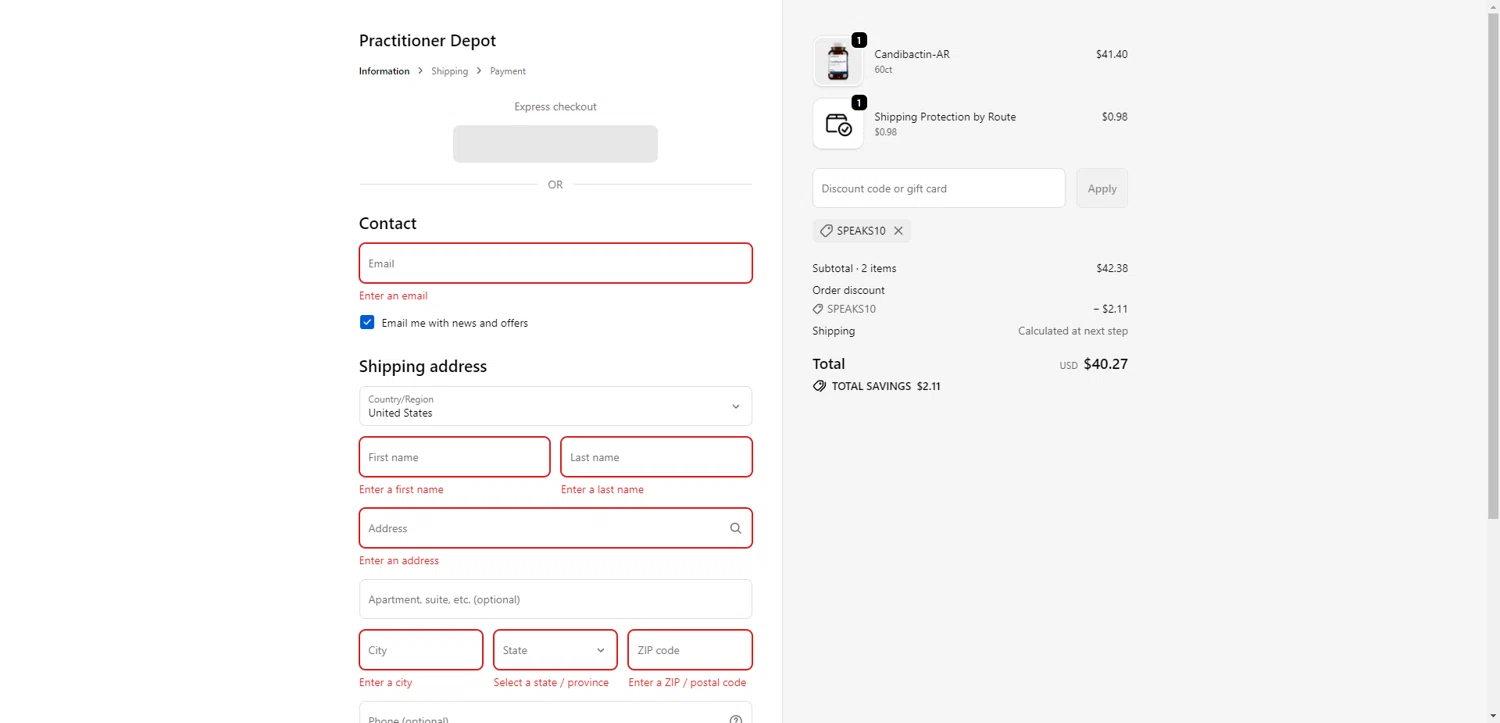 Practitioner Depot promo code screenshot showing code SPEAKS10 applied at Practitioner Depot checkout page. Uploaded by SimplyCodes community member PromoSeeker7158 on Oct 9, 2025