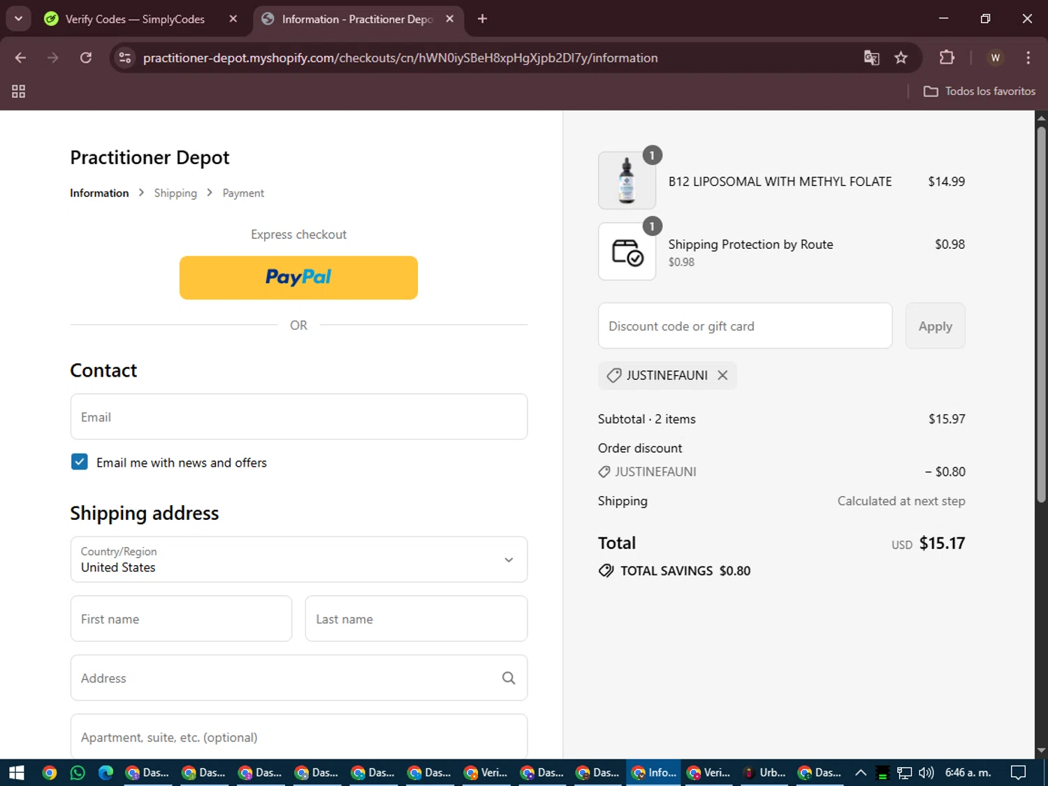 Practitioner Depot promo code screenshot showing code JUSTINEFAUNI applied at Practitioner Depot checkout page. Uploaded by SimplyCodes community member DealMaestro2101 on Jul 17, 2025