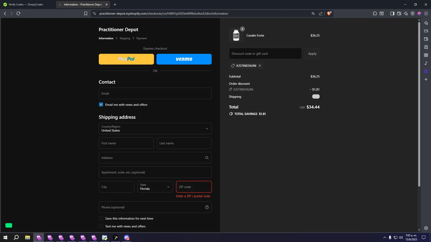 Practitioner Depot promo code screenshot showing code JUSTINEFAUNI applied at Practitioner Depot checkout page. Uploaded by SimplyCodes community member aaaaaaaaaaaaaaaaaaaaa on Aug 15, 2025