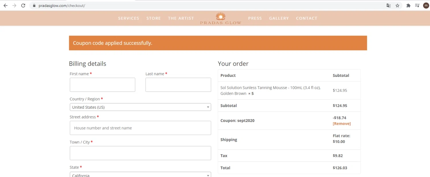 Pradas Glow checkout page showing Pradas Glow coupon code box | Screenshot taken by SimplyCodes community member on Sep 16, 2020