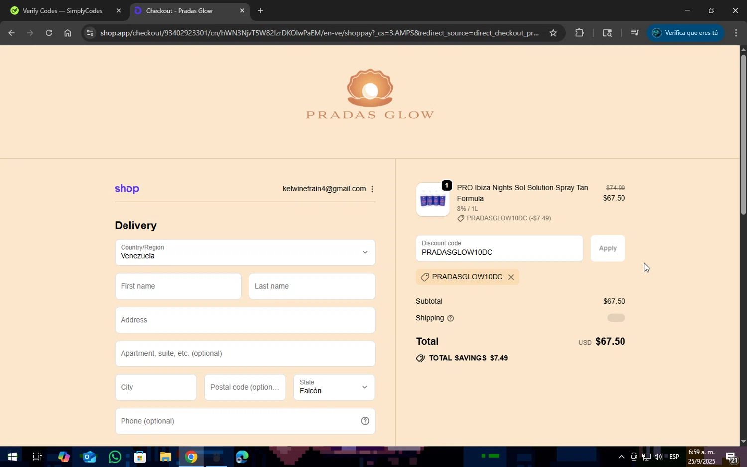 Pradas Glow coupon code screenshot showing code PRADASGLOW10DC applied at Pradas Glow checkout page. Uploaded by SimplyCodes community member SOPACONPAN on Sep 25, 2025