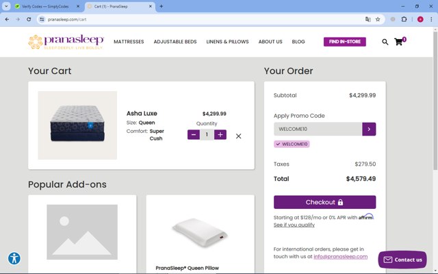 PranaSleep checkout page showing PranaSleep promo code box | Screenshot taken by SimplyCodes community member on May 2, 2024