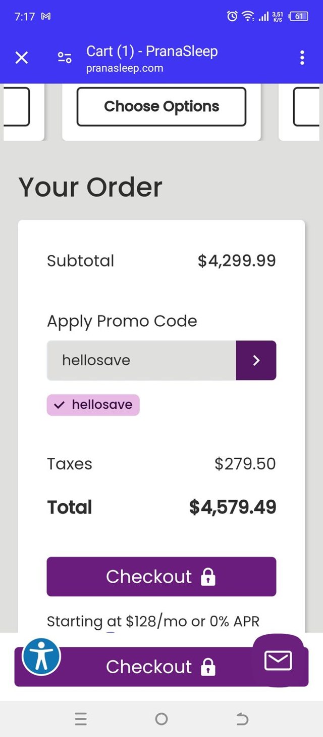 PranaSleep checkout page showing PranaSleep promo code box | Screenshot taken by SimplyCodes community member on Apr 30, 2024