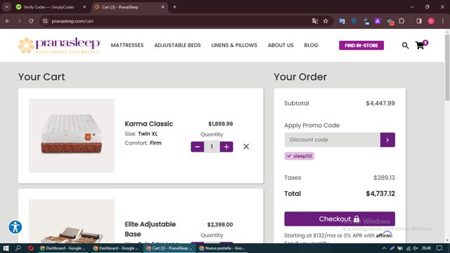 PranaSleep checkout page showing PranaSleep promo code box | Screenshot taken by SimplyCodes community member on Apr 11, 2024