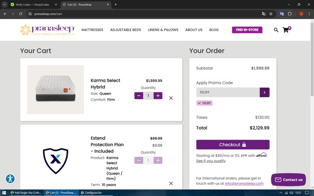 PranaSleep checkout page showing PranaSleep promo code box | Screenshot taken by SimplyCodes community member on Apr 30, 2024