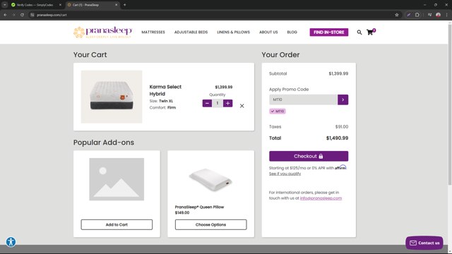 PranaSleep checkout page showing PranaSleep promo code box | Screenshot taken by SimplyCodes community member on Apr 30, 2024
