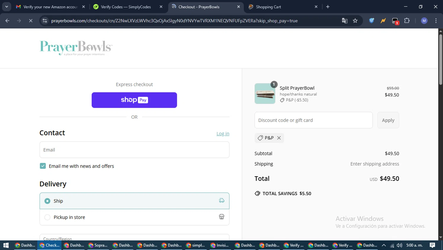 PrayerBowls promo code screenshot showing code P&P applied at PrayerBowls checkout page. Uploaded by SimplyCodes community member PrimeFox5260 on Jun 6, 2025