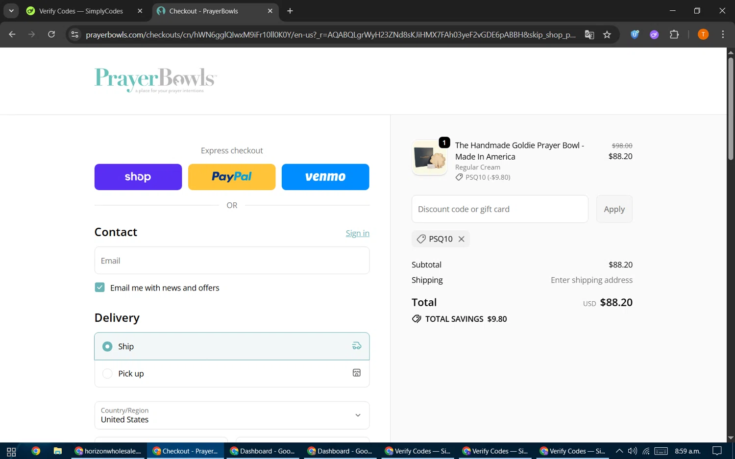 PrayerBowls promo code screenshot showing code PSQ10 applied at PrayerBowls checkout page. Uploaded by SimplyCodes community member EpicHero3141 on Dec 21, 2025