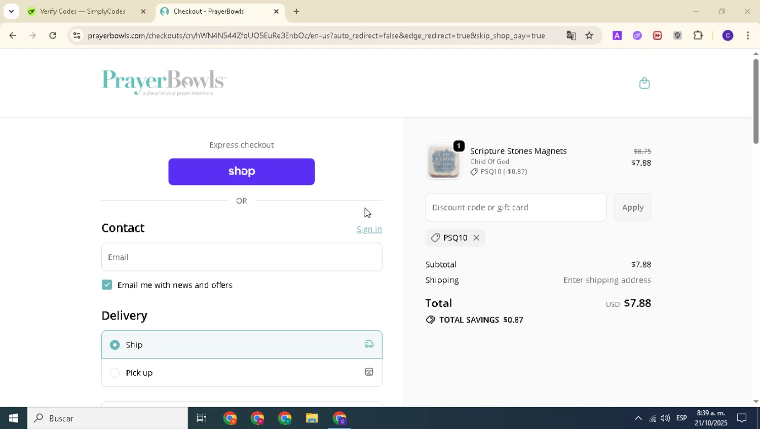 PrayerBowls promo code screenshot showing code PSQ10 applied at PrayerBowls checkout page. Uploaded by SimplyCodes community member alexanderarnold on Oct 21, 2025