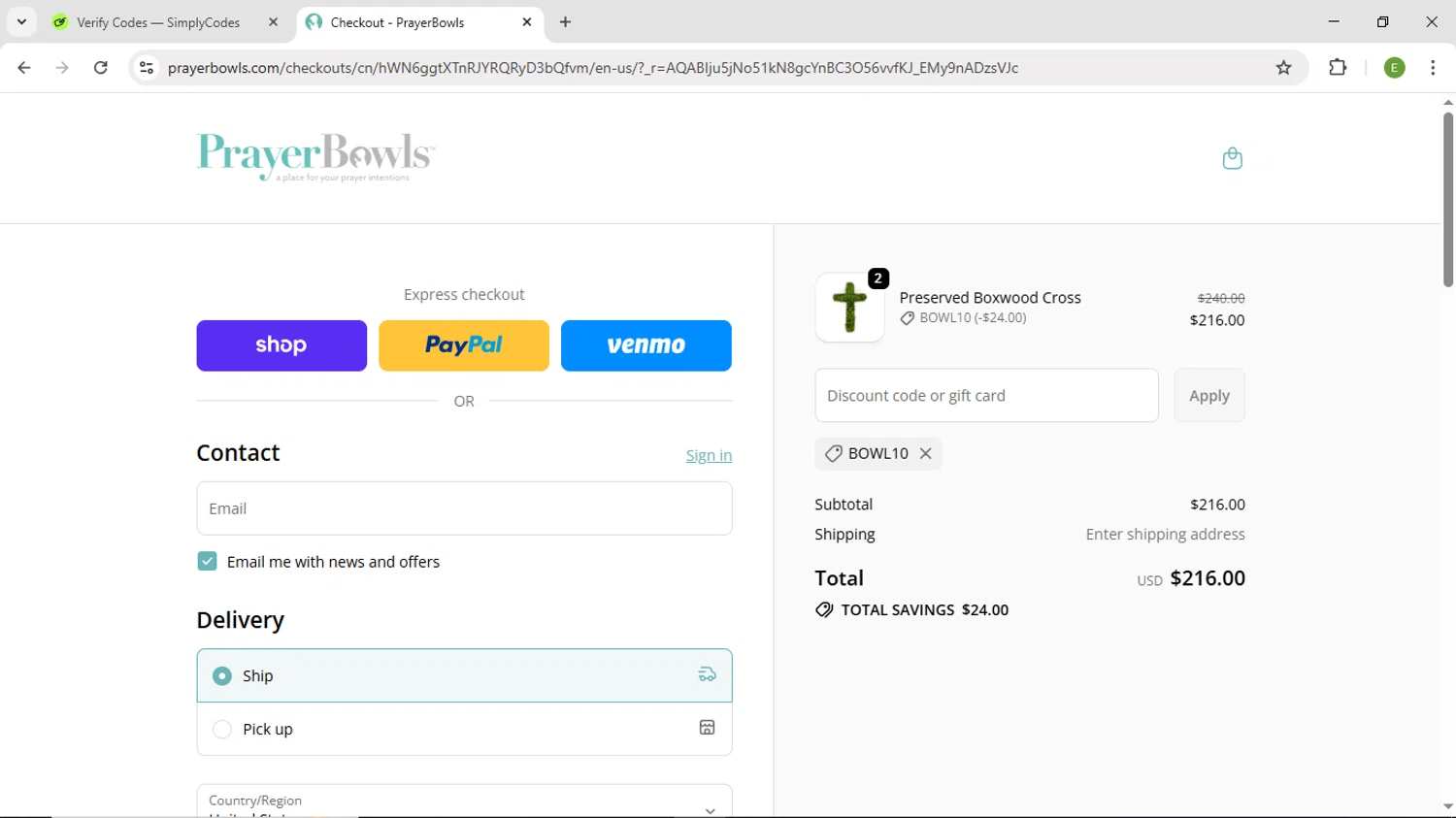 PrayerBowls promo code screenshot showing code BOWL10 applied at PrayerBowls checkout page. Uploaded by SimplyCodes community member DiscountScout1646 on Dec 21, 2025