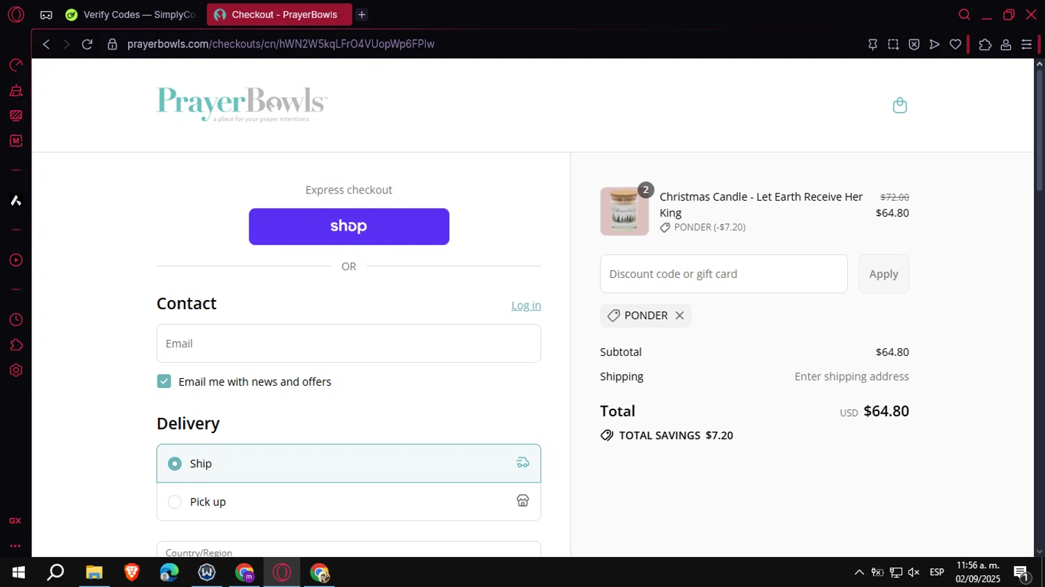 PrayerBowls promo code screenshot showing code PONDER applied at PrayerBowls checkout page. Uploaded by SimplyCodes community member VoucherCollector3778 on Sep 2, 2025