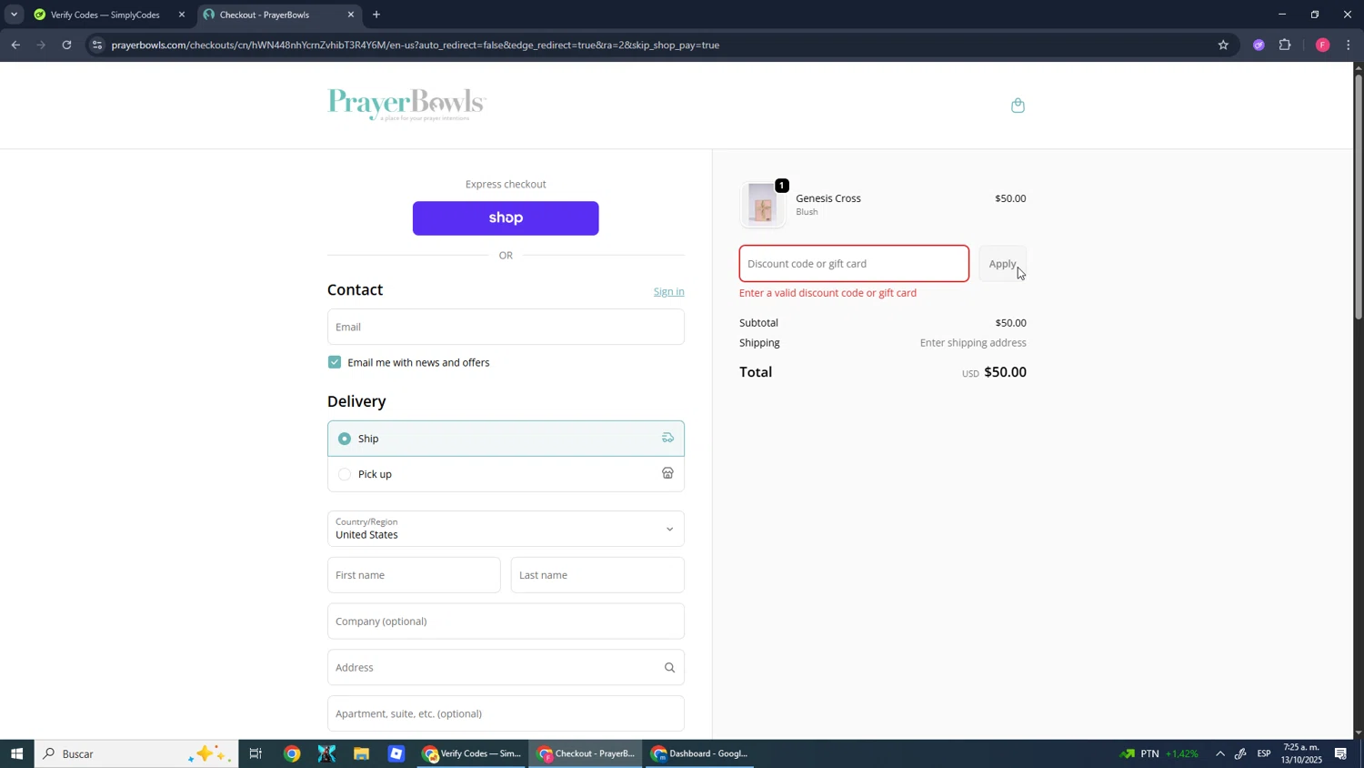 PrayerBowls promo code screenshot showing code PINK15 applied at PrayerBowls checkout page. Uploaded by SimplyCodes community member CleverMonarch1744 on Oct 13, 2025