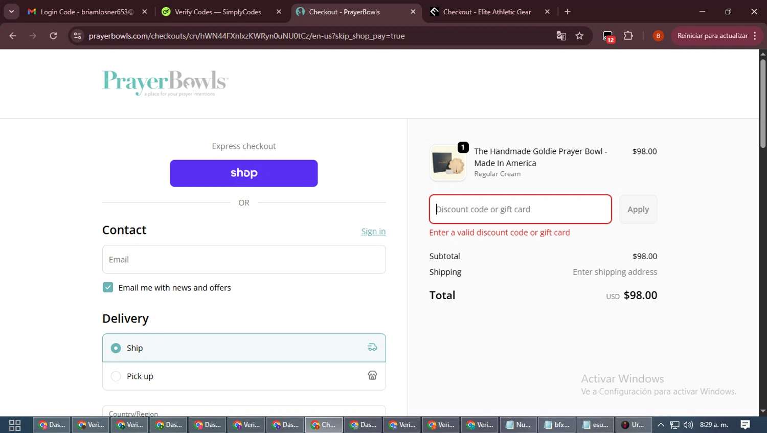 PrayerBowls promo code screenshot showing code PINK15 applied at PrayerBowls checkout page. Uploaded by SimplyCodes community member DiscountExpert6435 on Oct 13, 2025