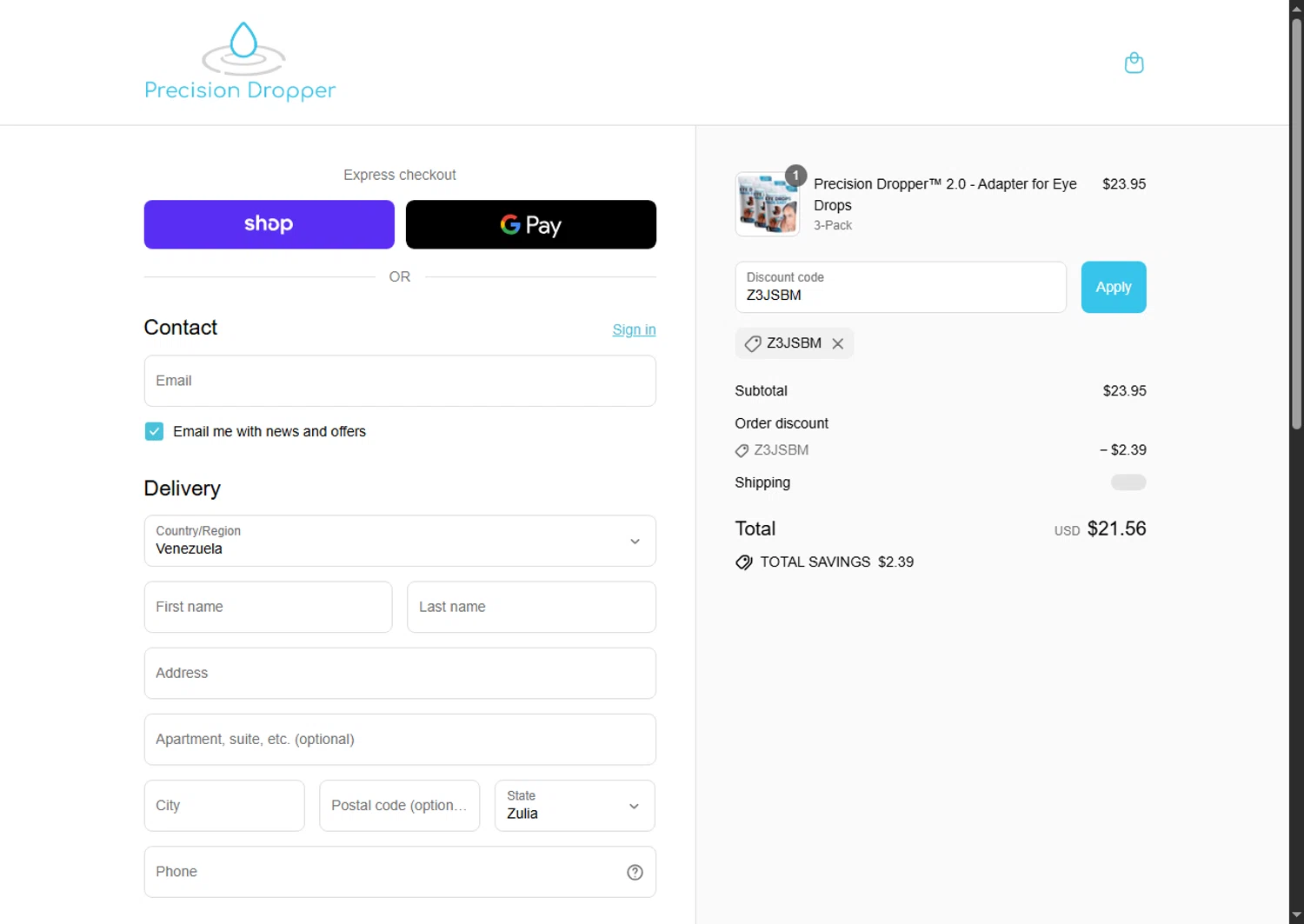 Precision Dropper promo code screenshot showing code Z3JSBM applied at Precision Dropper checkout page. Uploaded by SimplyCodes community member Beaaalmera on Sep 14, 2025