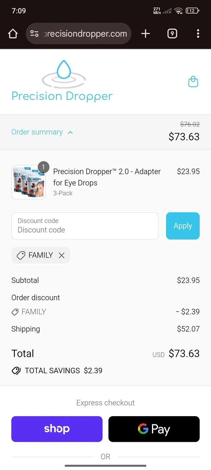 Precision Dropper promo code screenshot showing code family applied at Precision Dropper checkout page. Uploaded by SimplyCodes community member Esteban on Sep 14, 2025