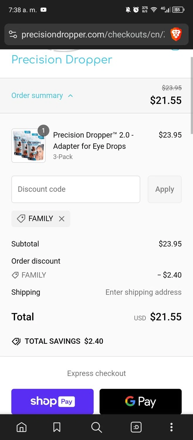 Precision Dropper promo code screenshot showing code family applied at Precision Dropper checkout page. Uploaded by SimplyCodes community member MrWolf on Feb 16, 2025