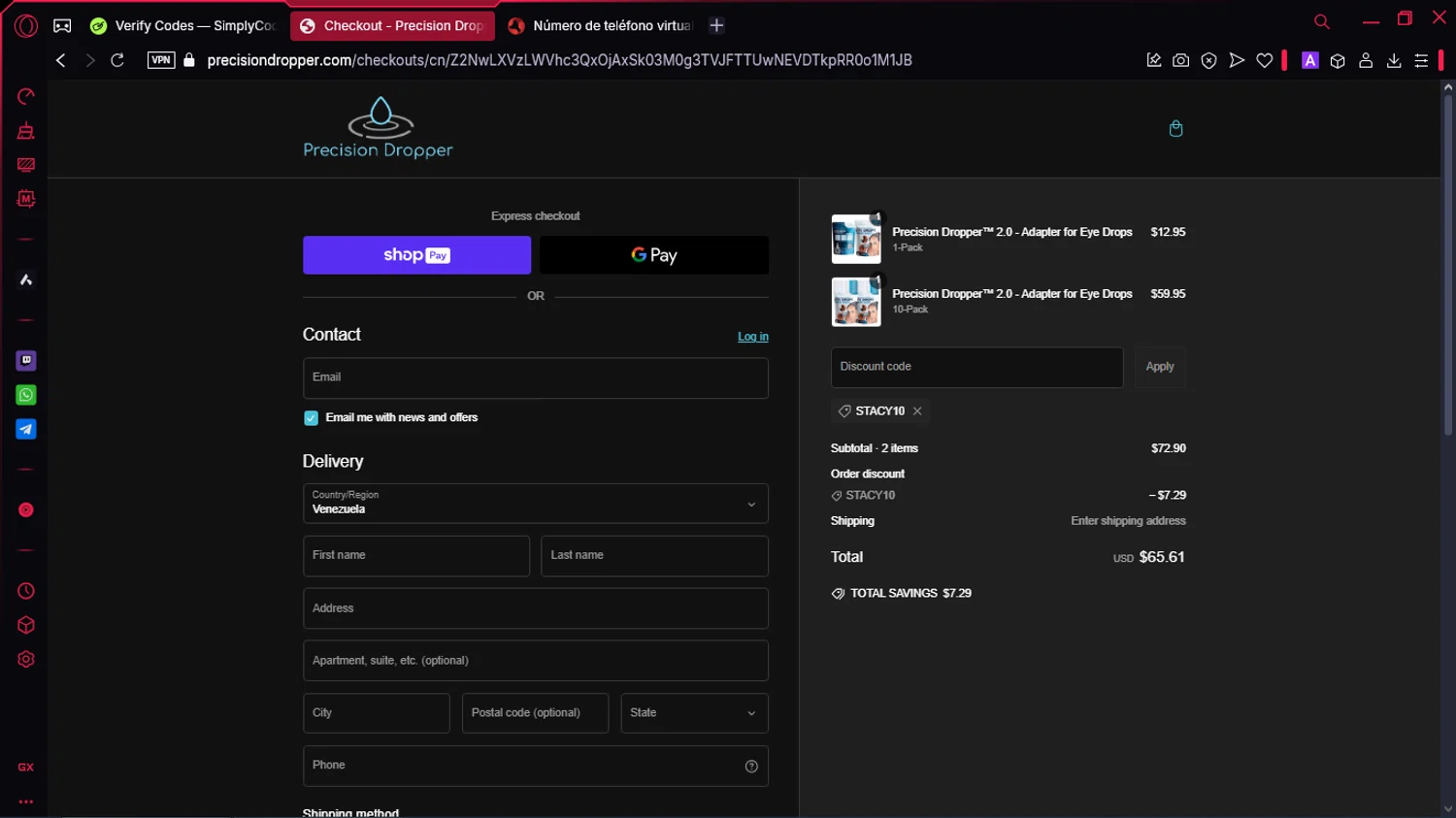 Precision Dropper promo code screenshot showing code Stacy10 applied at Precision Dropper checkout page. Uploaded by SimplyCodes community member McLovin on Feb 16, 2025