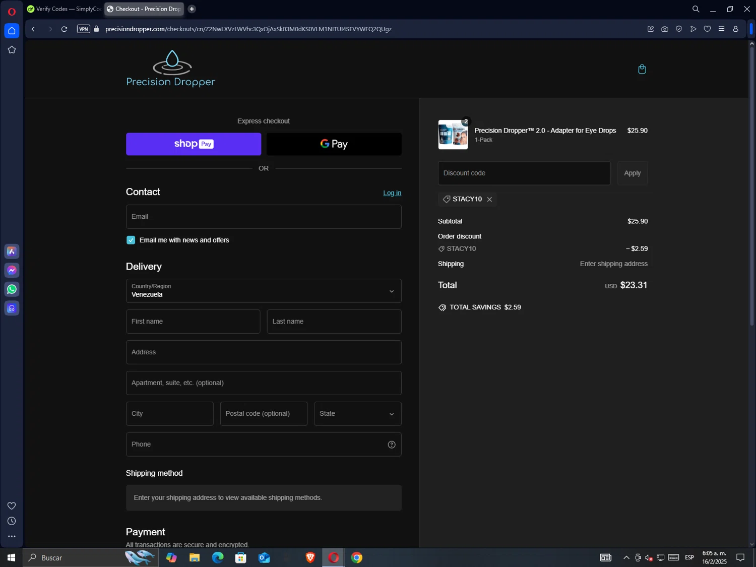 Precision Dropper promo code screenshot showing code Stacy10 applied at Precision Dropper checkout page. Uploaded by SimplyCodes community member GrimmKing on Feb 16, 2025
