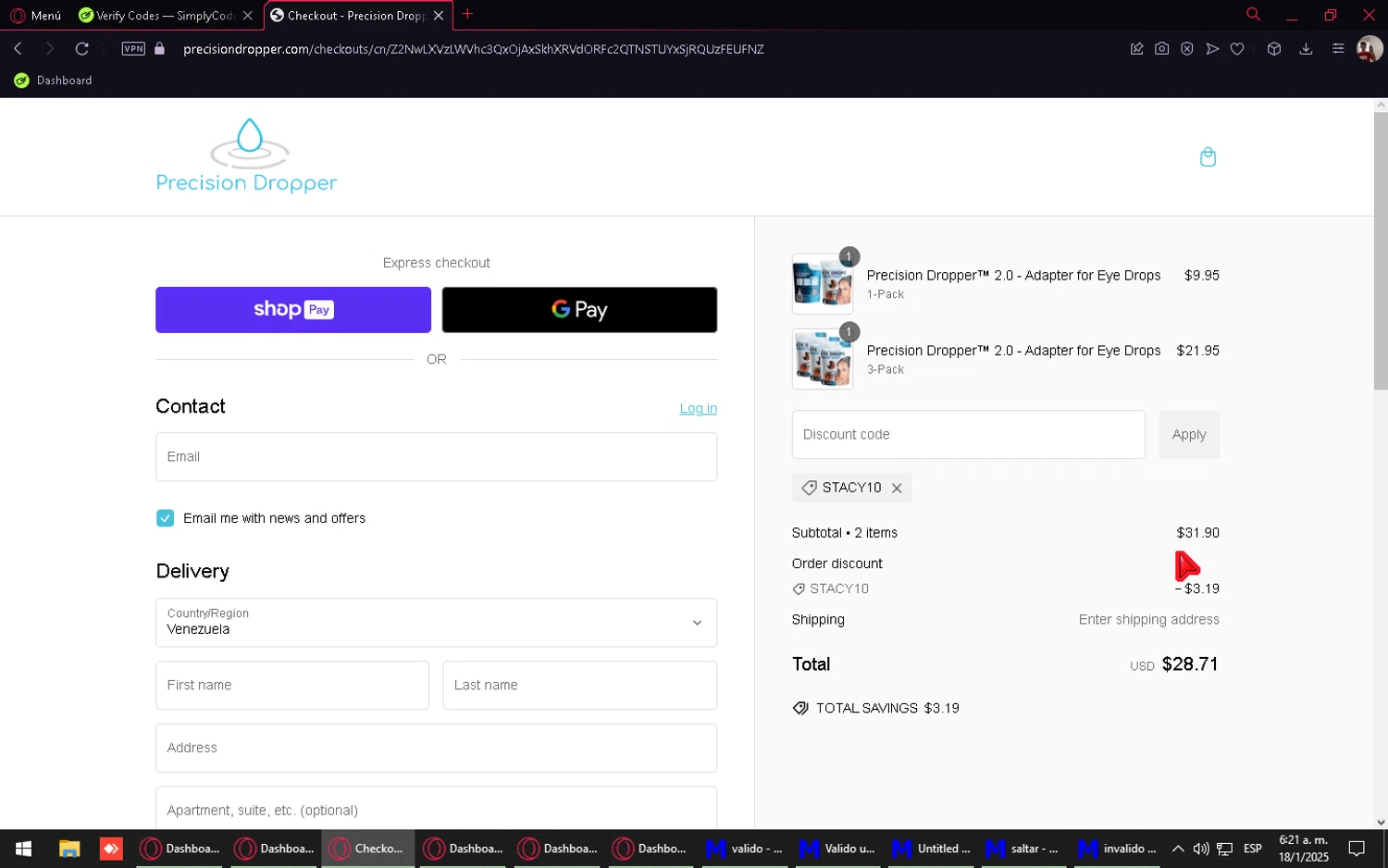 Precision Dropper promo code screenshot showing code Stacy10 applied at Precision Dropper checkout page. Uploaded by SimplyCodes community member Purureche on Jan 18, 2025