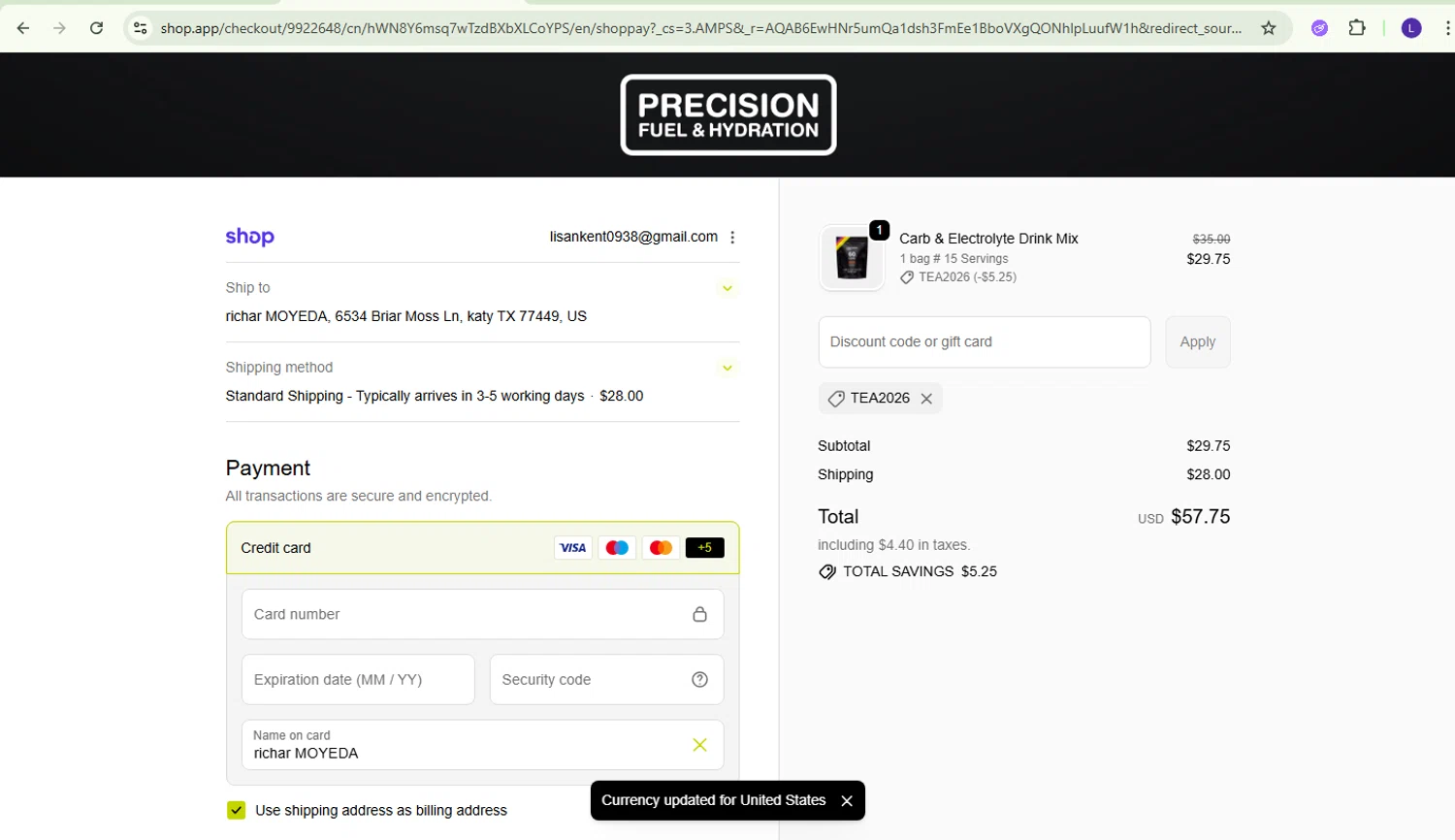 Precision Fuel & Hydration checkout page showing Precision Fuel & Hydration discount code box | Screenshot taken by SimplyCodes community member on Feb 8, 2026