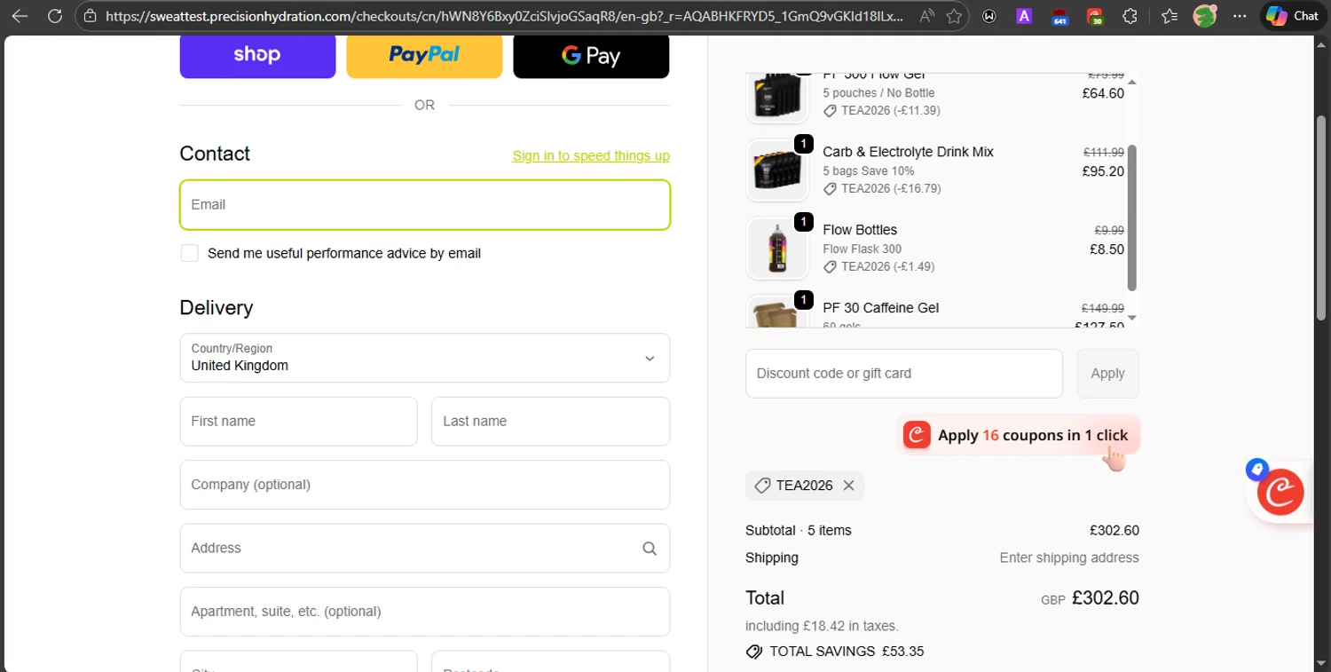 Precision Fuel & Hydration discount code screenshot showing code TEA2026 applied at Precision Fuel & Hydration checkout page. Uploaded by SimplyCodes community member PrincessCoupon on Feb 8, 2026