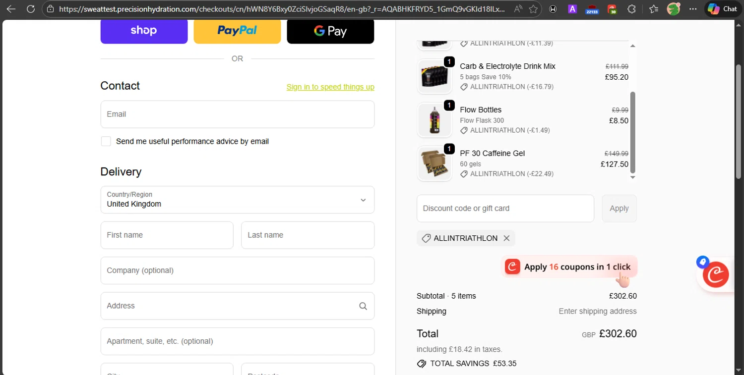 Precision Fuel & Hydration discount code screenshot showing code ALLINTRIATHLON applied at Precision Fuel & Hydration checkout page. Uploaded by SimplyCodes community member PrincessCoupon on Feb 8, 2026