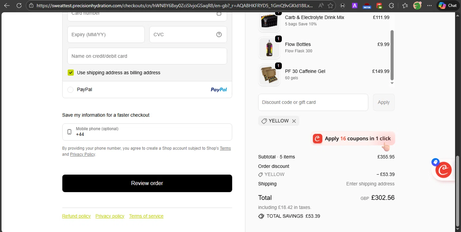 Precision Fuel & Hydration discount code screenshot showing code YELLOW applied at Precision Fuel & Hydration checkout page. Uploaded by SimplyCodes community member PrincessCoupon on Feb 8, 2026