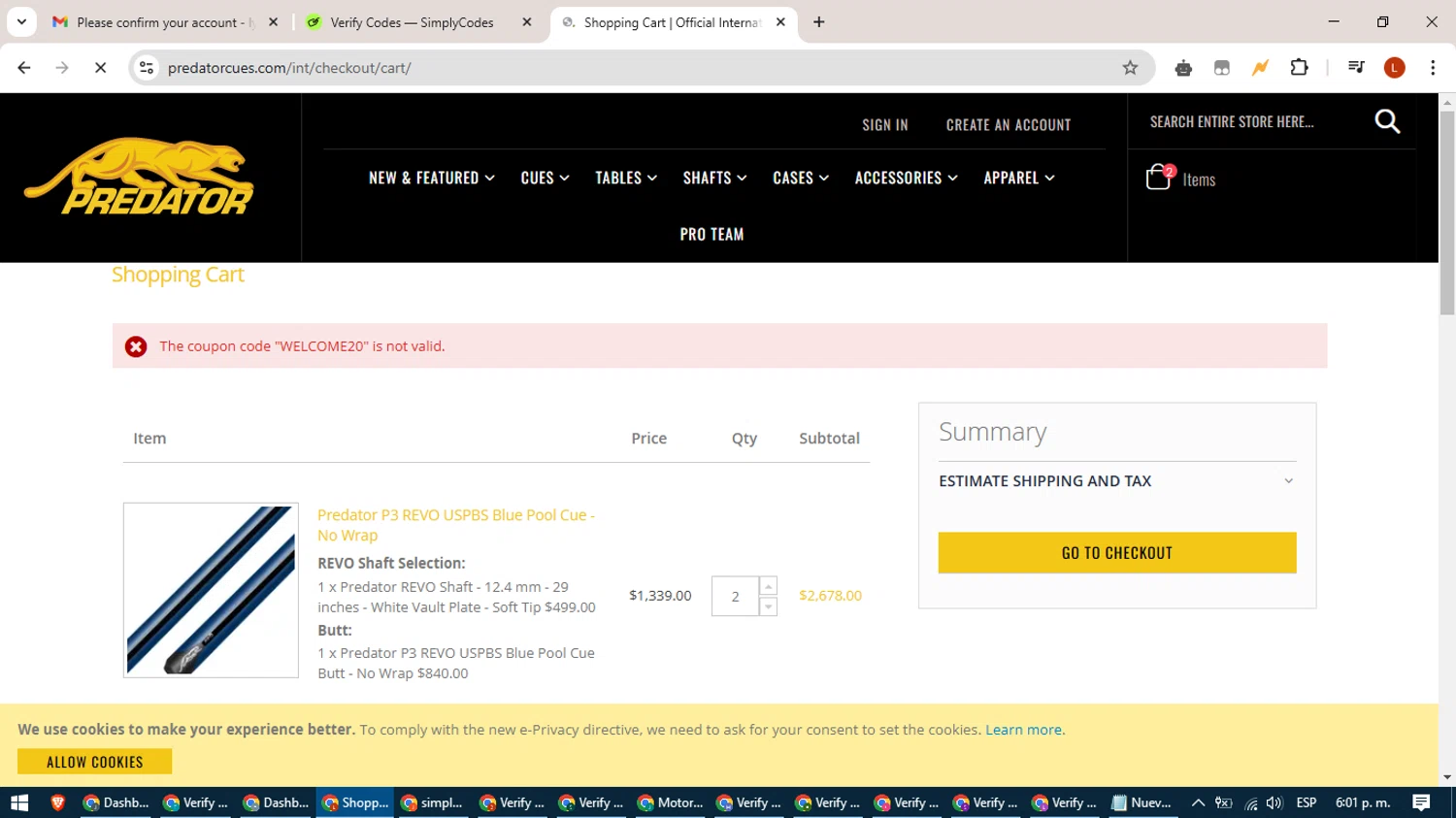 Predator Cues discount code screenshot showing code WELCOME20 applied at Predator Cues checkout page. Uploaded by SimplyCodes community member BonusHero9692 on Feb 19, 2025
