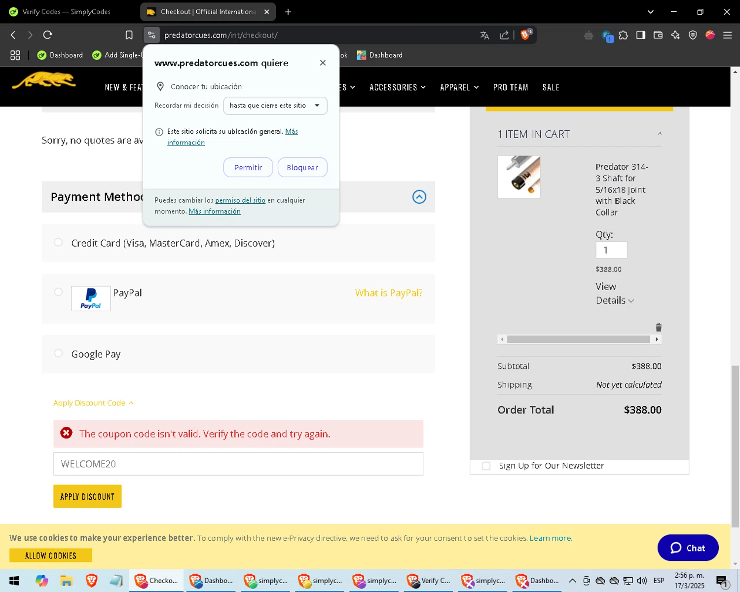 Predator Cues discount code screenshot showing code WELCOME20 applied at Predator Cues checkout page. Uploaded by SimplyCodes community member RoyalKnight6734 on Mar 17, 2025