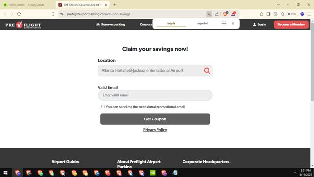 Preflight Airport Parking checkout page showing Preflight Airport Parking promo code box | Screenshot taken by SimplyCodes community member on Mar 20, 2025