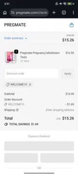 WELCOME10 coupon verification screenshot