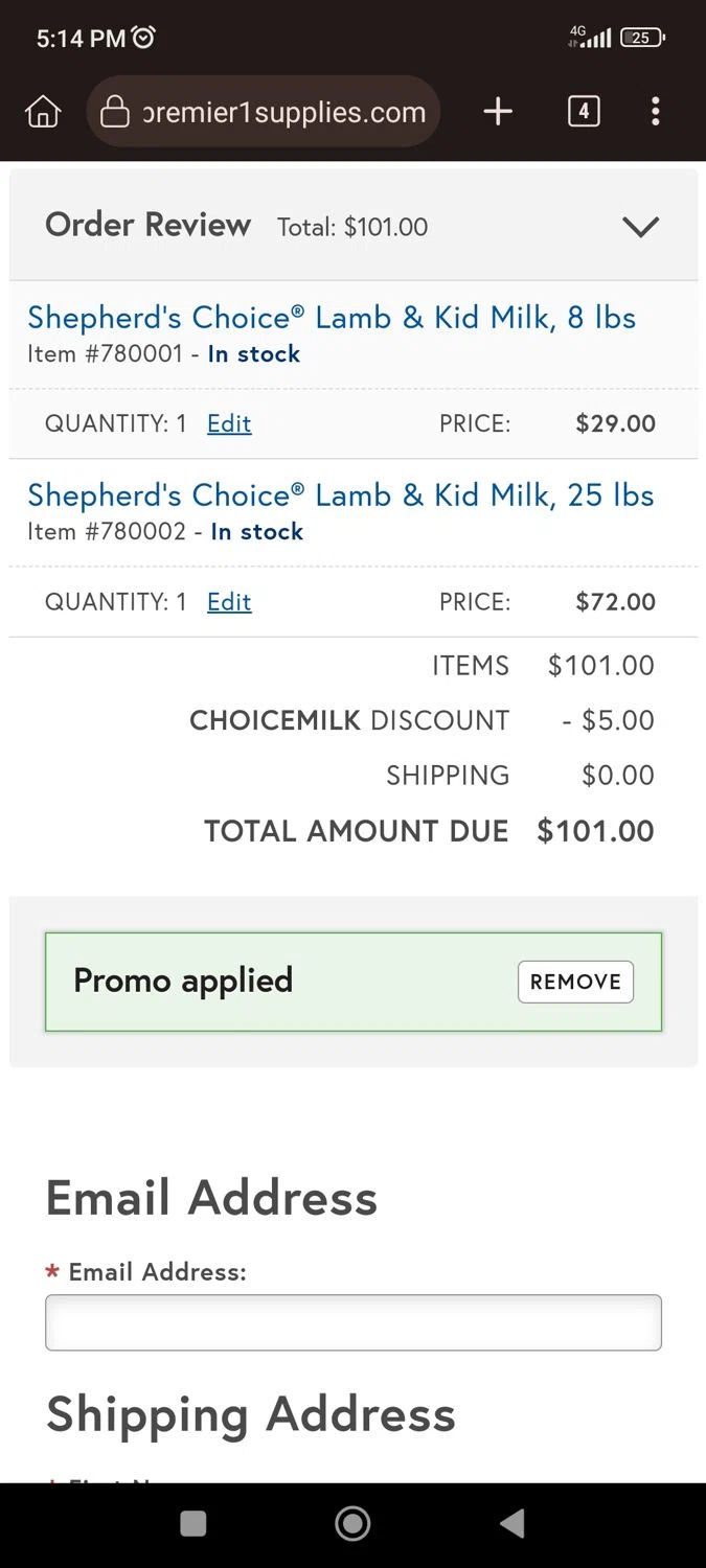 Premier 1 Supplies promo code screenshot showing code CHOICEMILK applied at Premier 1 Supplies checkout page. Uploaded by SimplyCodes community member CrownLion2750 on Jan 17, 2026