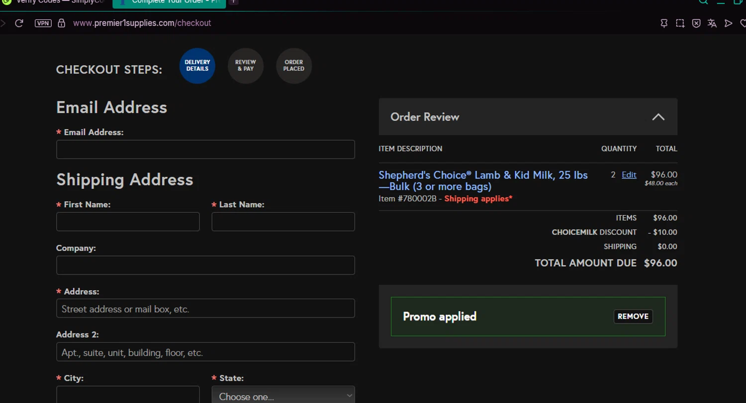 Premier 1 Supplies promo code screenshot showing code CHOICEMILK applied at Premier 1 Supplies checkout page. Uploaded by SimplyCodes community member chepipi on Sep 29, 2025