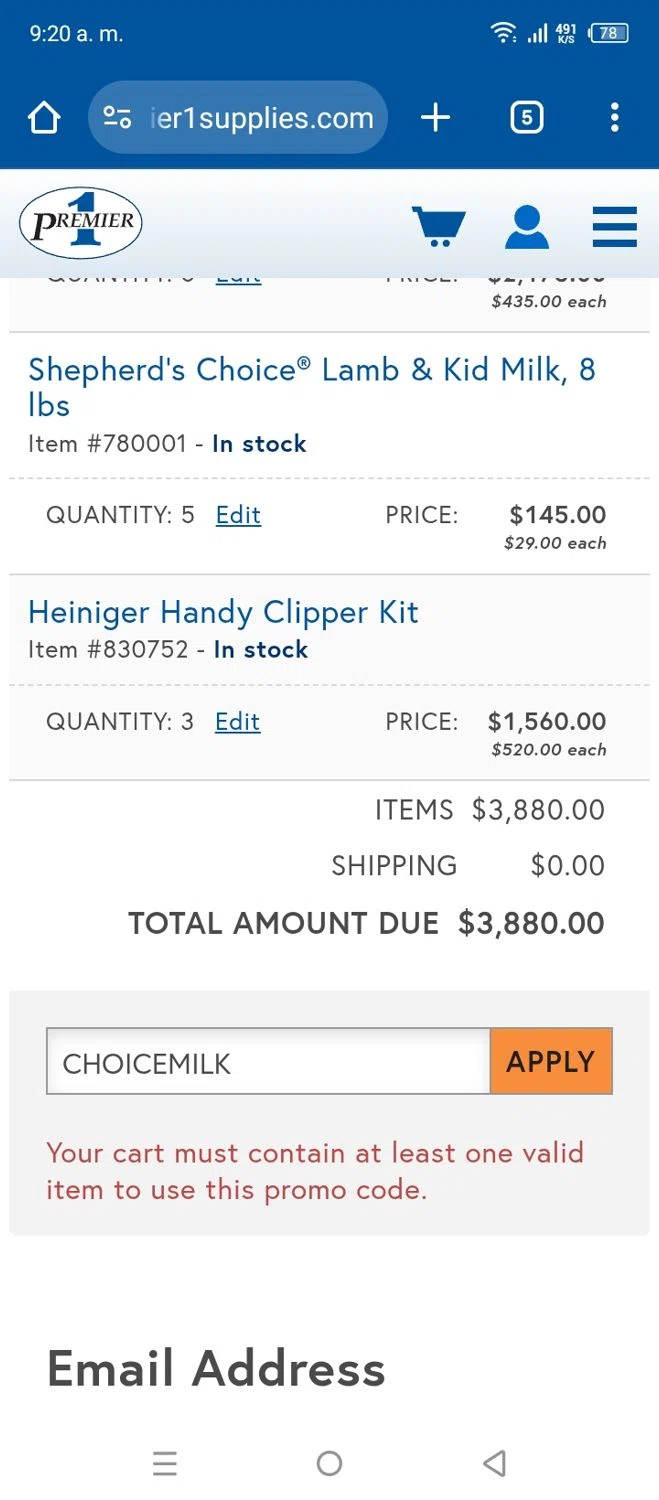 Premier 1 Supplies promo code screenshot showing code CHOICEMILK applied at Premier 1 Supplies checkout page. Uploaded by SimplyCodes community member leninandrea on Oct 28, 2025