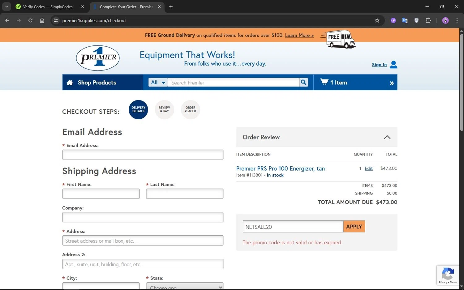 Premier 1 Supplies promo code screenshot showing code NETSALE20 applied at Premier 1 Supplies checkout page. Uploaded by SimplyCodes community member CrownMaestro9486 on Jun 14, 2025