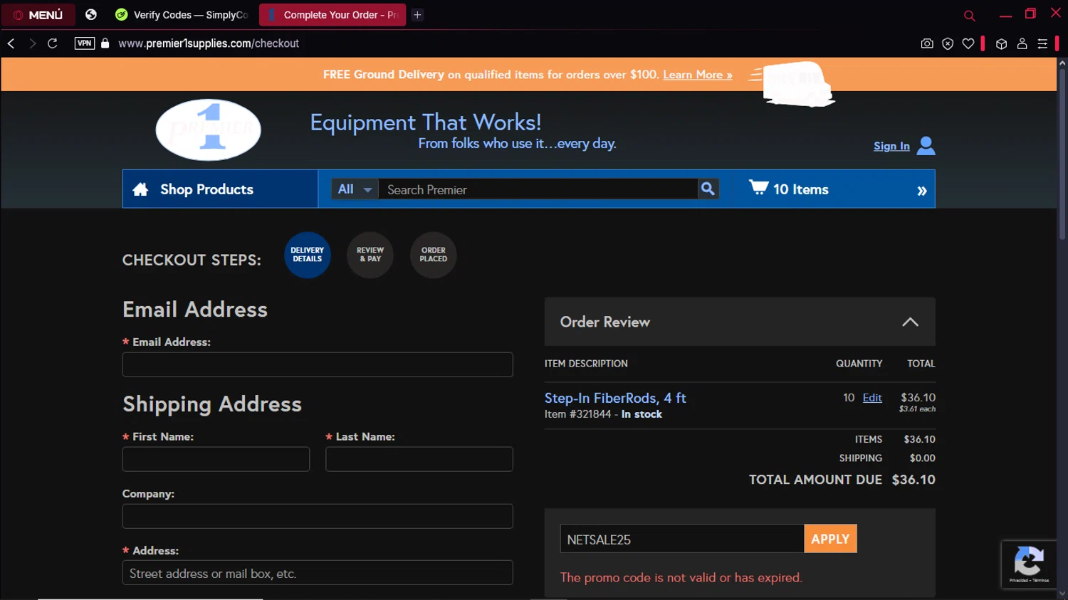 Premier 1 Supplies promo code screenshot showing code NETSALE25 applied at Premier 1 Supplies checkout page. Uploaded by SimplyCodes community member KeiJJ18 on Apr 6, 2025