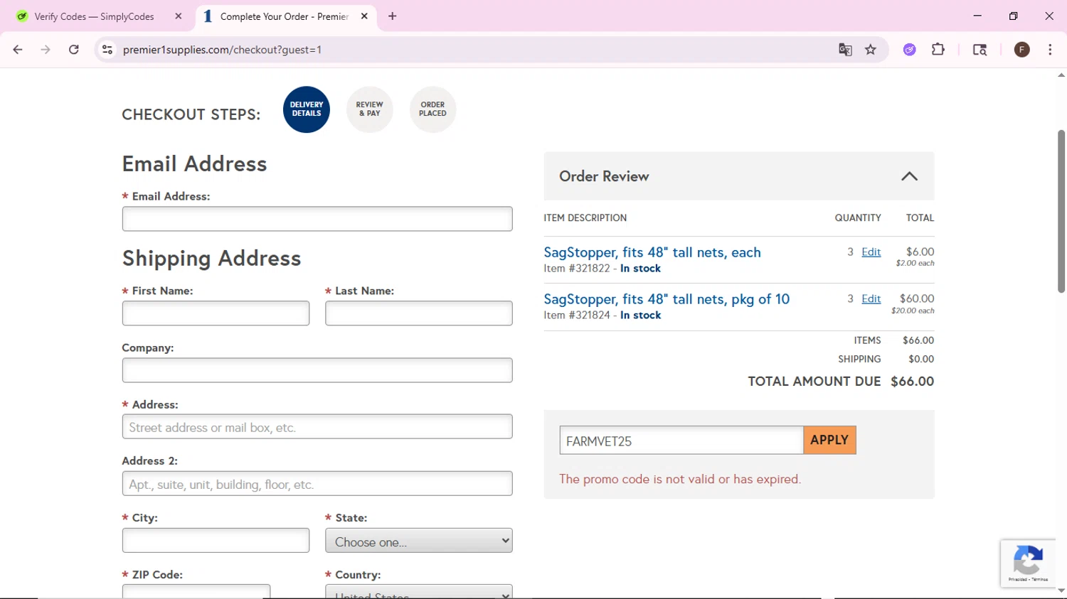 Premier 1 Supplies promo code screenshot showing code FARMVET25 applied at Premier 1 Supplies checkout page. Uploaded by SimplyCodes community member BargainShopper1802 on Jun 17, 2025