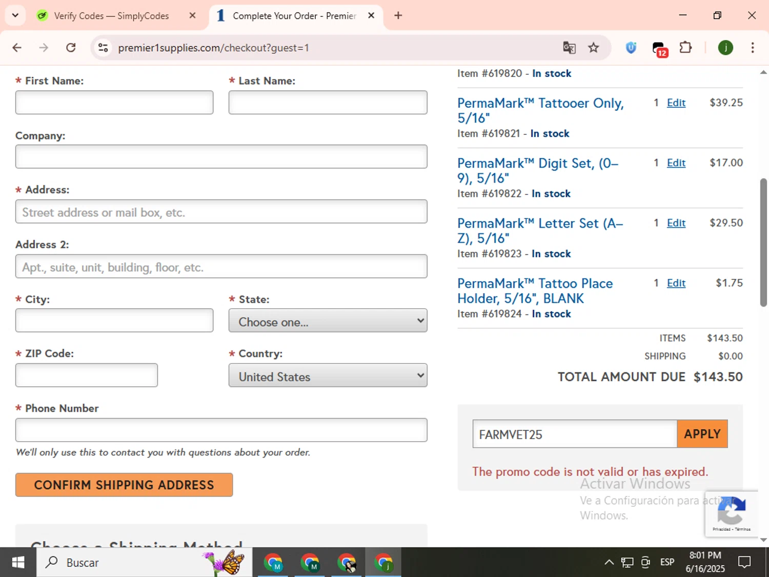 Premier 1 Supplies promo code screenshot showing code FARMVET25 applied at Premier 1 Supplies checkout page. Uploaded by SimplyCodes community member SavingsCollector2592 on Jun 17, 2025