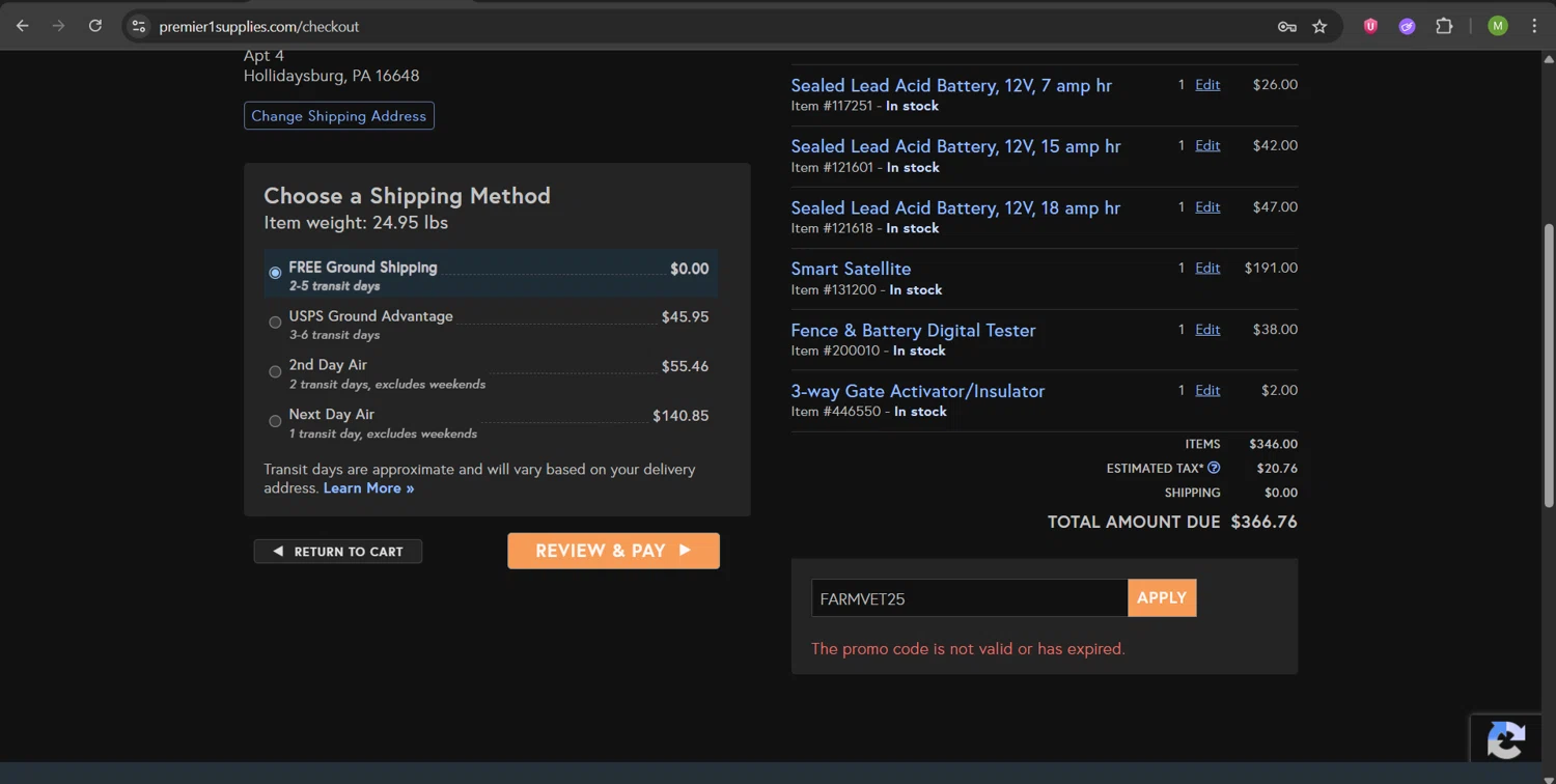 Premier 1 Supplies promo code screenshot showing code FARMVET25 applied at Premier 1 Supplies checkout page. Uploaded by SimplyCodes community member ScanHunter7116 on Jun 17, 2025