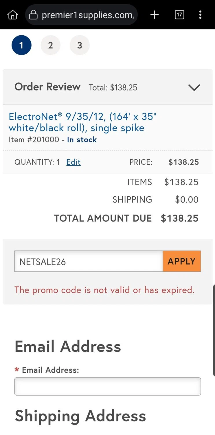 Premier 1 Supplies promo code screenshot showing code NETSALE26 applied at Premier 1 Supplies checkout page. Uploaded by SimplyCodes community member Carloslvz on Jan 30, 2026