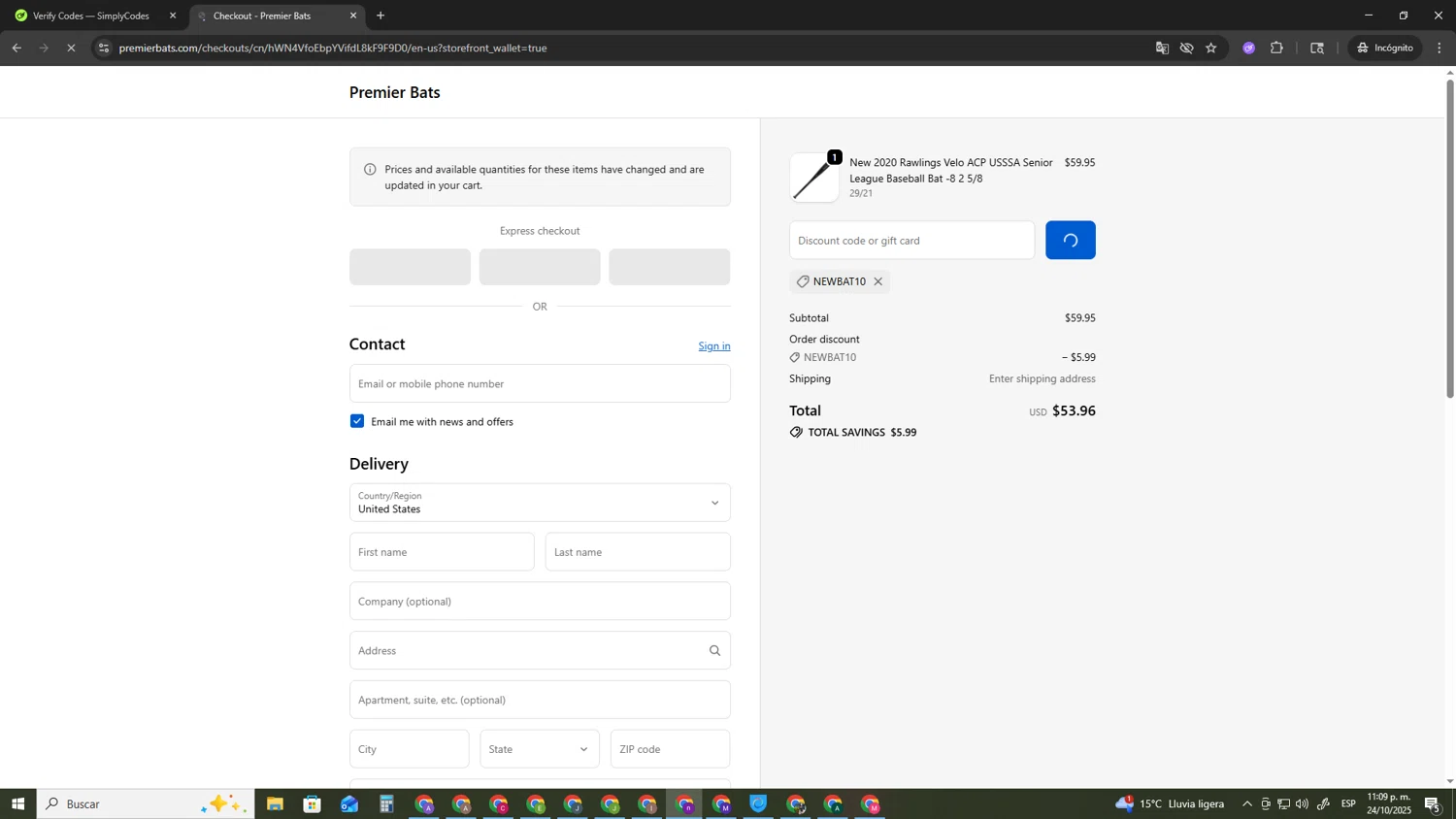 Premier Bats coupon code screenshot showing code NEWBAT10 applied at Premier Bats checkout page. Uploaded by SimplyCodes community member AVAMUSTANG on Oct 25, 2025