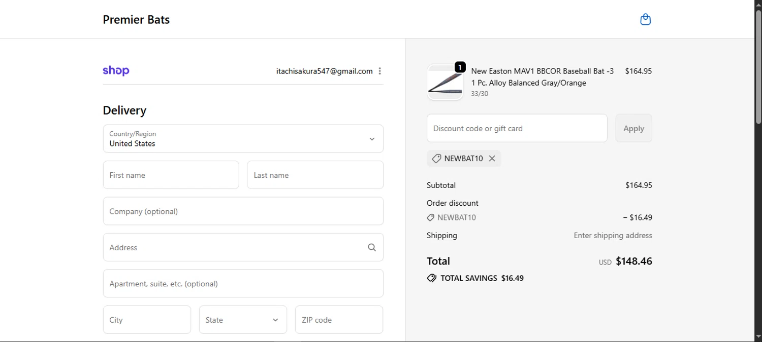Premier Bats coupon code screenshot showing code NEWBAT10 applied at Premier Bats checkout page. Uploaded by SimplyCodes community member noworries on Sep 18, 2025