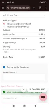 HAPPYHOLIDAYS coupon verification screenshot