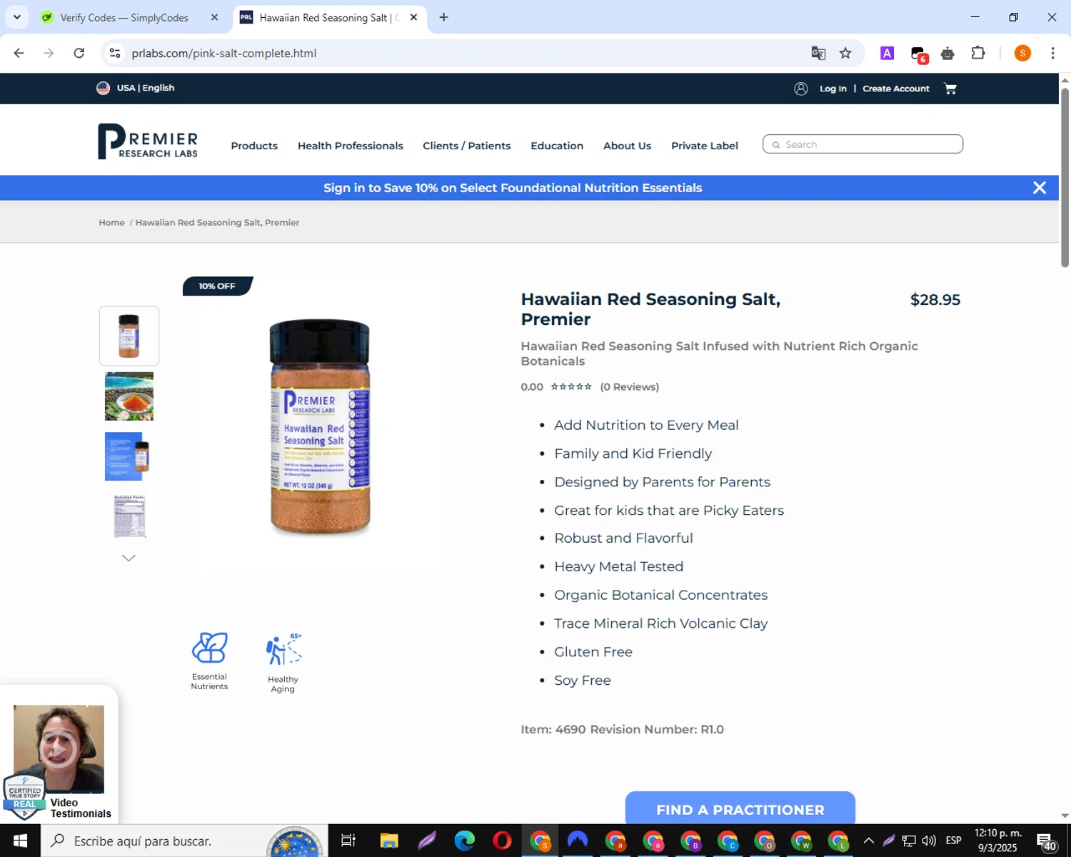 Premier Research Labs discount code screenshot showing code PRL10 applied at Premier Research Labs checkout page. Uploaded by SimplyCodes community member TokenSpotter210 on Mar 9, 2025