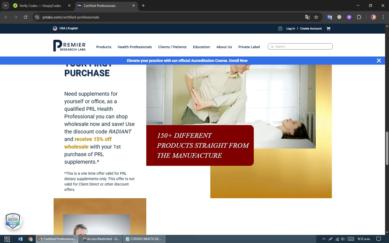Premier Research Labs discount code screenshot showing code RADIANT applied at Premier Research Labs checkout page. Uploaded by SimplyCodes community member LassoReyes on Sep 5, 2025
