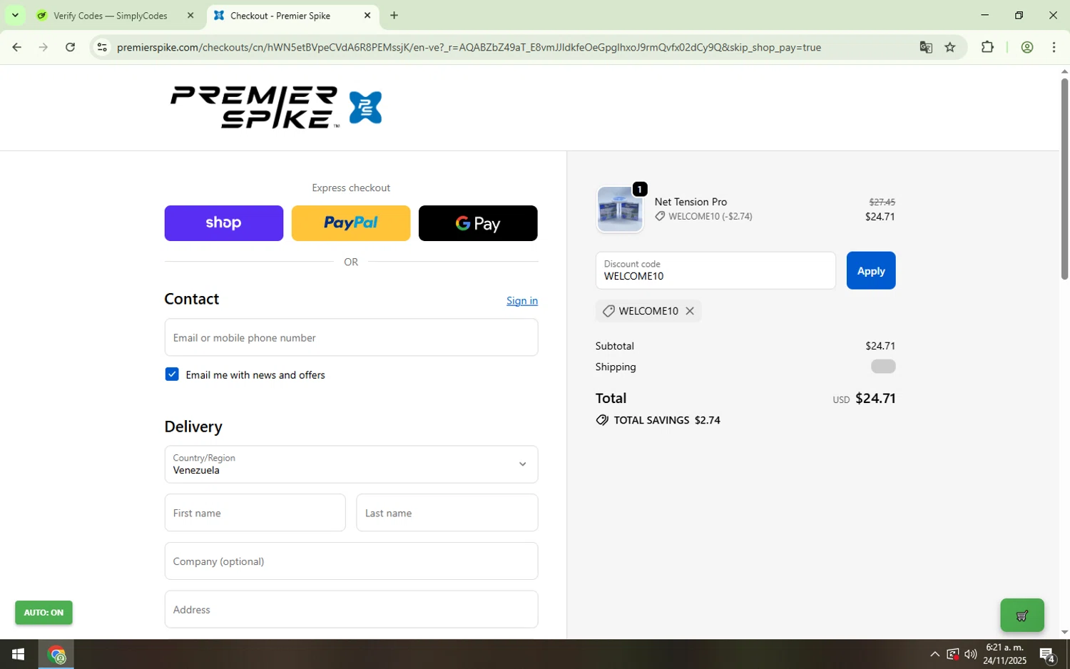 Premier Spike promo code screenshot showing code WELCOME10 applied at Premier Spike checkout page. Uploaded by SimplyCodes community member CouponElite4658 on Nov 24, 2025